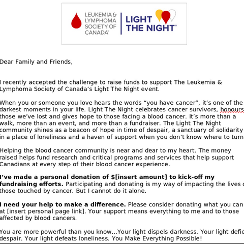 Template for Light The Night Donation Ask Letter